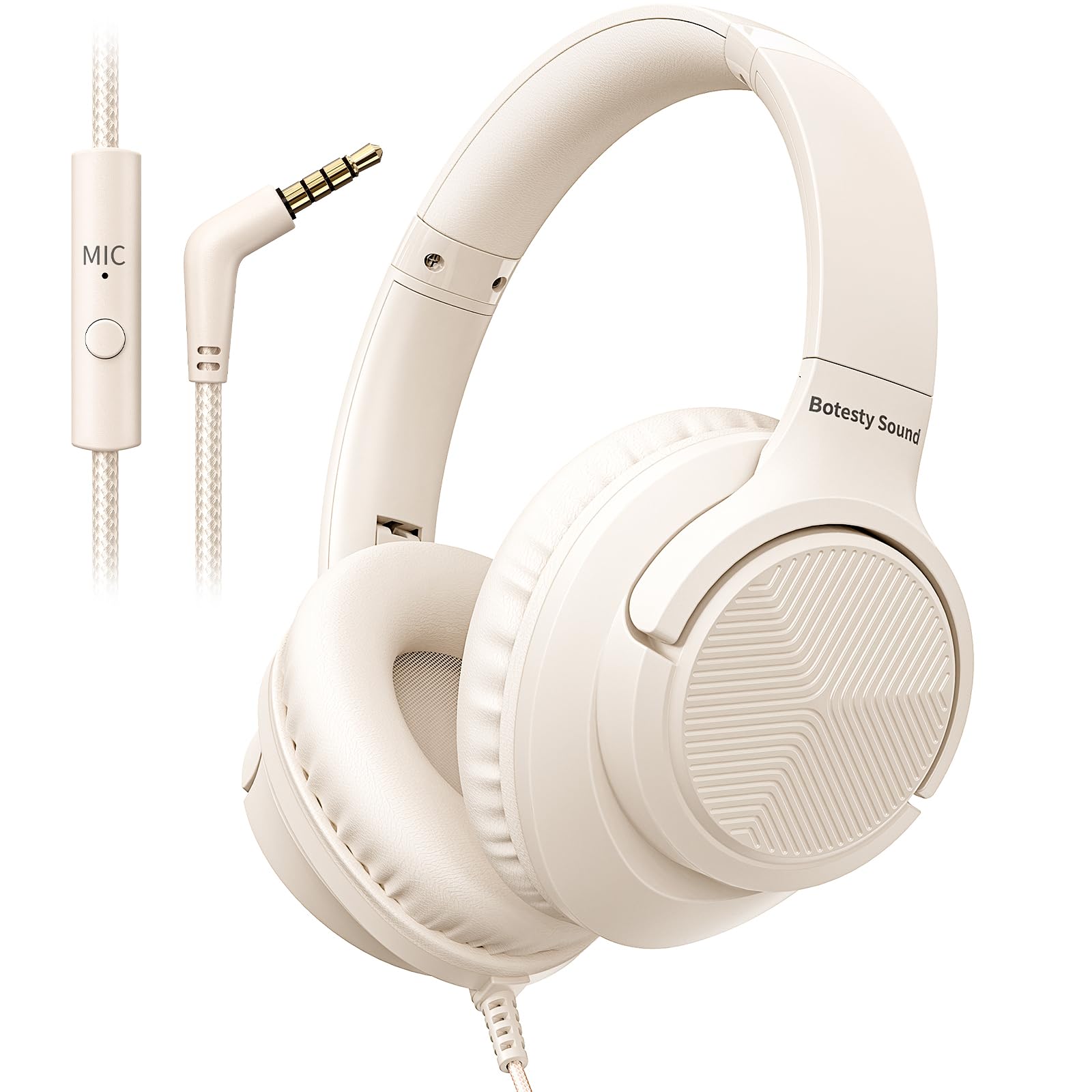 Wired Headphones with Microphone for School, 3.5mm Corded Headphones, Beige | Wi