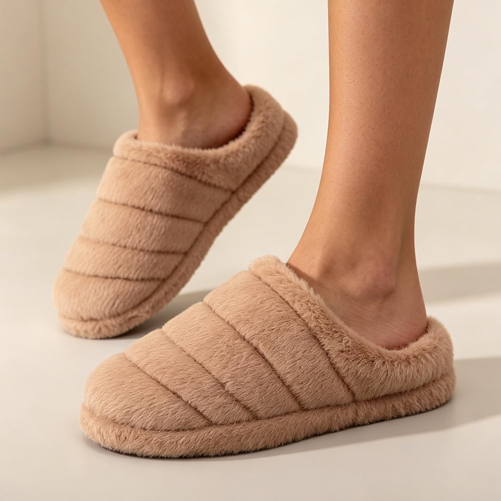 Women Plush Striped Quilted House Slippers Closed Toe Slippers Slip On Indoor Sl