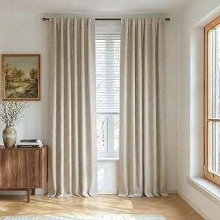 NICETOWN Natural 100% Blackout Linen Curtains, 84 Inches Long, 52" Wide | Natural Polyester and Linen, Thermal Insulated Liners, Farmhouse Window Draperies, For Bedroom and Dining Room