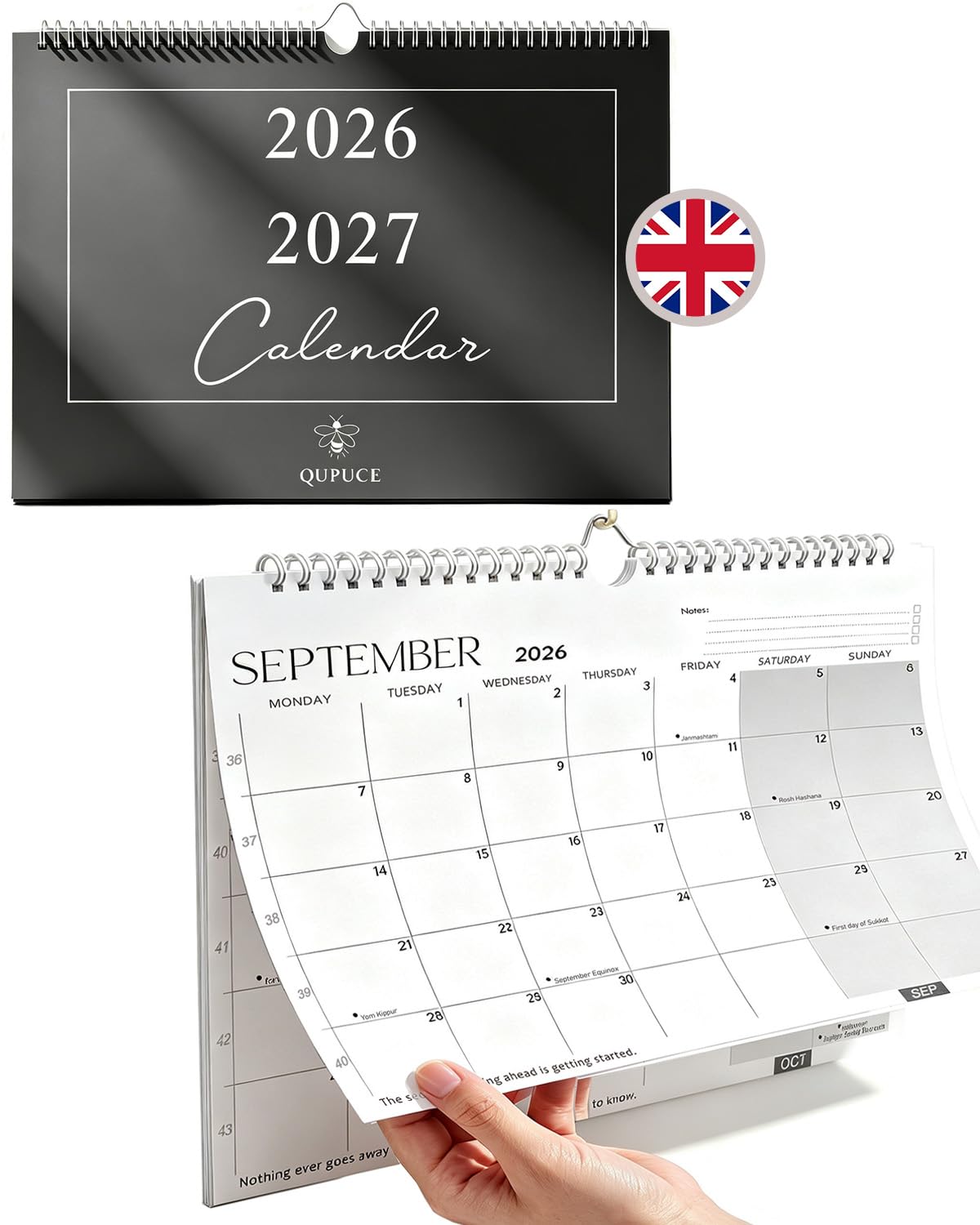 Qupuce Wall Calendar 2026 2027 UK A4 Sep. 2026 - Dec. 2027 (16 Months) | Minimal