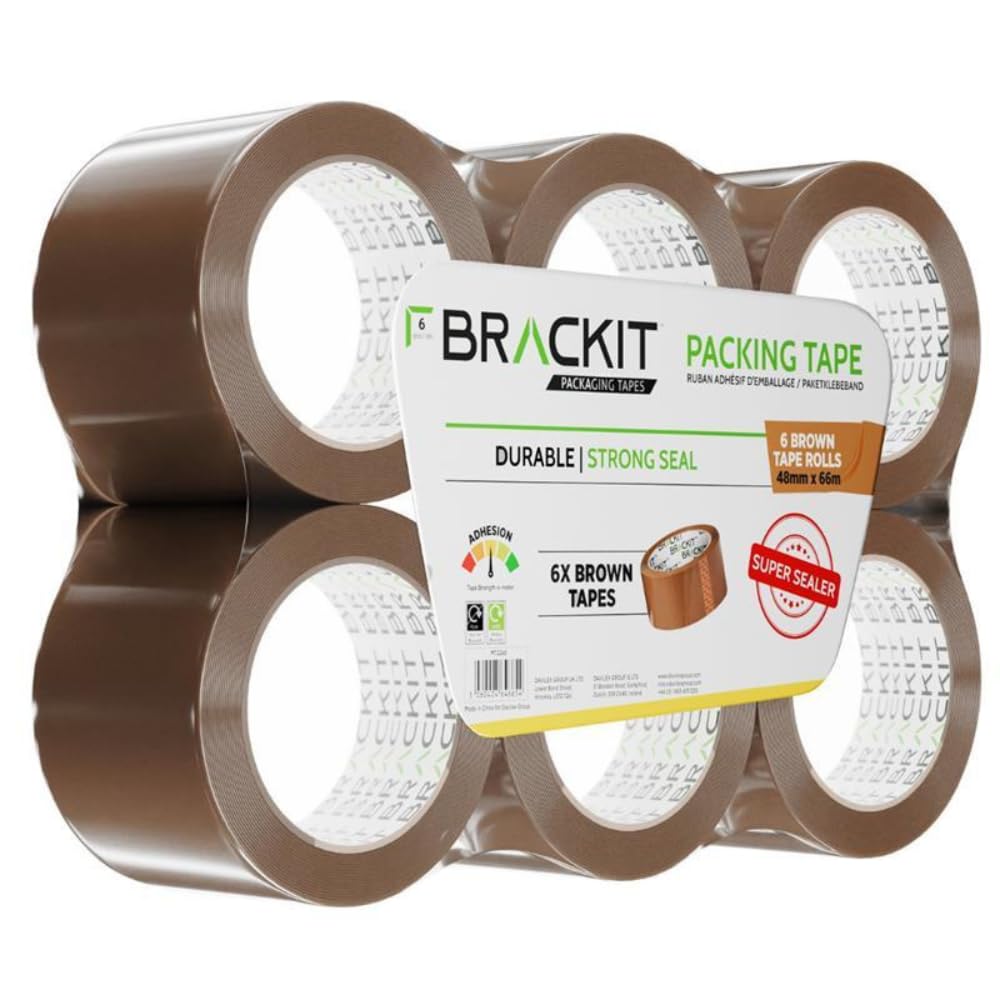 brackit Packing Tape Brown 48mm x 66m, Bulk Pack of 6 Rolls | Strong heavy-duty 