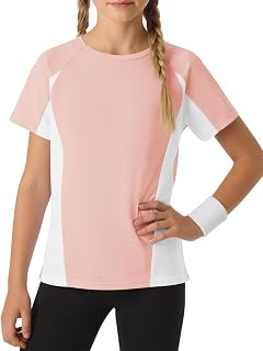 Haloumoning Camisetas deportivas de manga corta con bloques de color para niñas, camisetas de secado rápido, cuello redondo, ropa deportiva para niños de 5 a 14 años