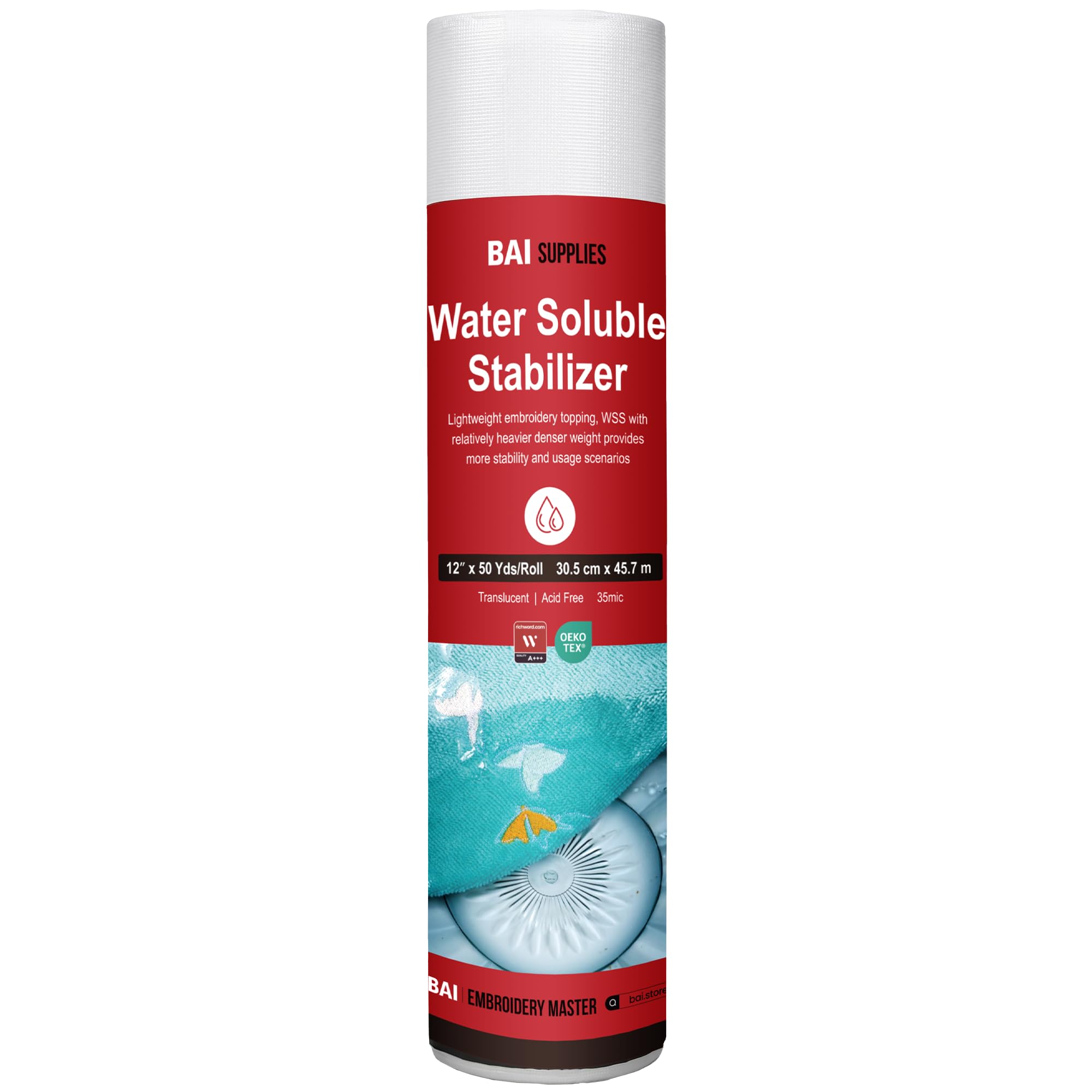 BAI Water Soluble Stabilizer For Embroidery Topping Film Wash Away 12"x50yd | 35