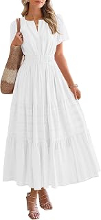 BTFBM Women Summer 2025 Casual Lightweight Short Sleeve V Neck Elastic Waist Boho Beach Dress Pockets
