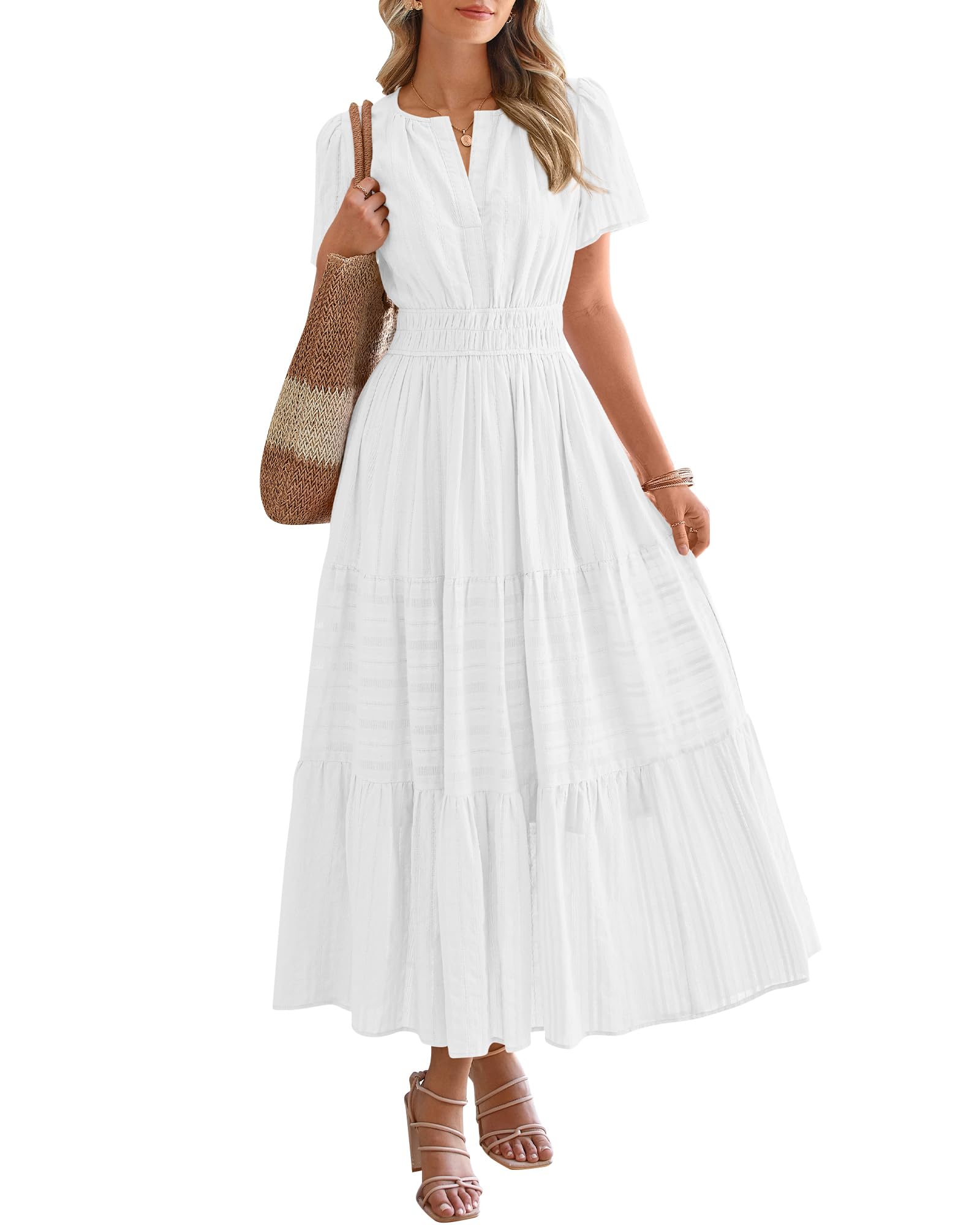 BTFBM Women Summer 2025 Casual Lightweight Short Sleeve V Neck Elastic Waist Boh