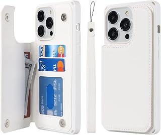 Cavor Custodia per iPhone 14 Pro, custodia porta carte [3 slot per schede] [con cordino] Custodia in pelle PU flip antiurto per iPhone 14 Pro - bianco