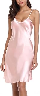 Vlazom Women's Nightdress Satin Sexy Negligee Underdress with Spaghetti Straps V Neck Night Dress for Women