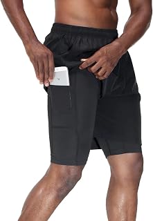 HMIYA Men's 2-in-1 Shorts, Fitness Sports Trousers, Short Jogging Bottoms, Quick-Drying Running Trousers with Compression Shorts and Pockets, Zip Pocket