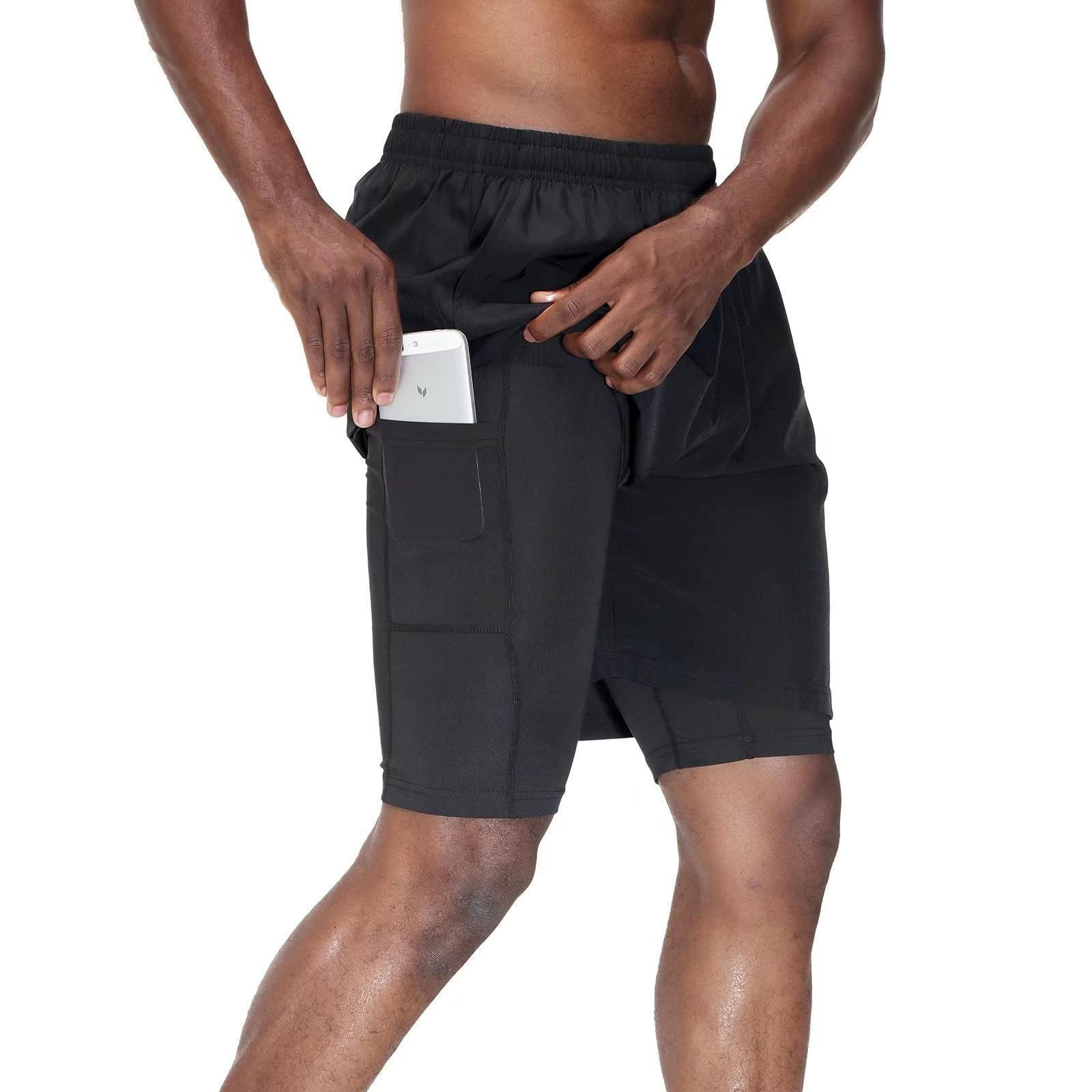 HMIYA Men's 2-in-1 Shorts, Fitness Sports Trousers, Short Jogging Bottoms, Quick