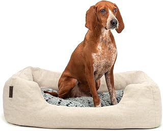 lionto Dog Basket with Fluffy Reversible Cushion, 80 x 60 cm, Beige