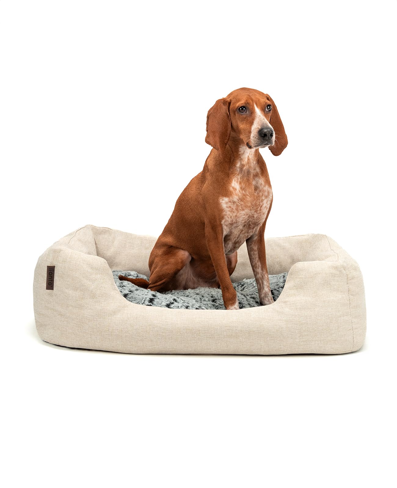 lionto Dog Basket with Fluffy Reversible Cushion, 80 x 60 cm, Beige