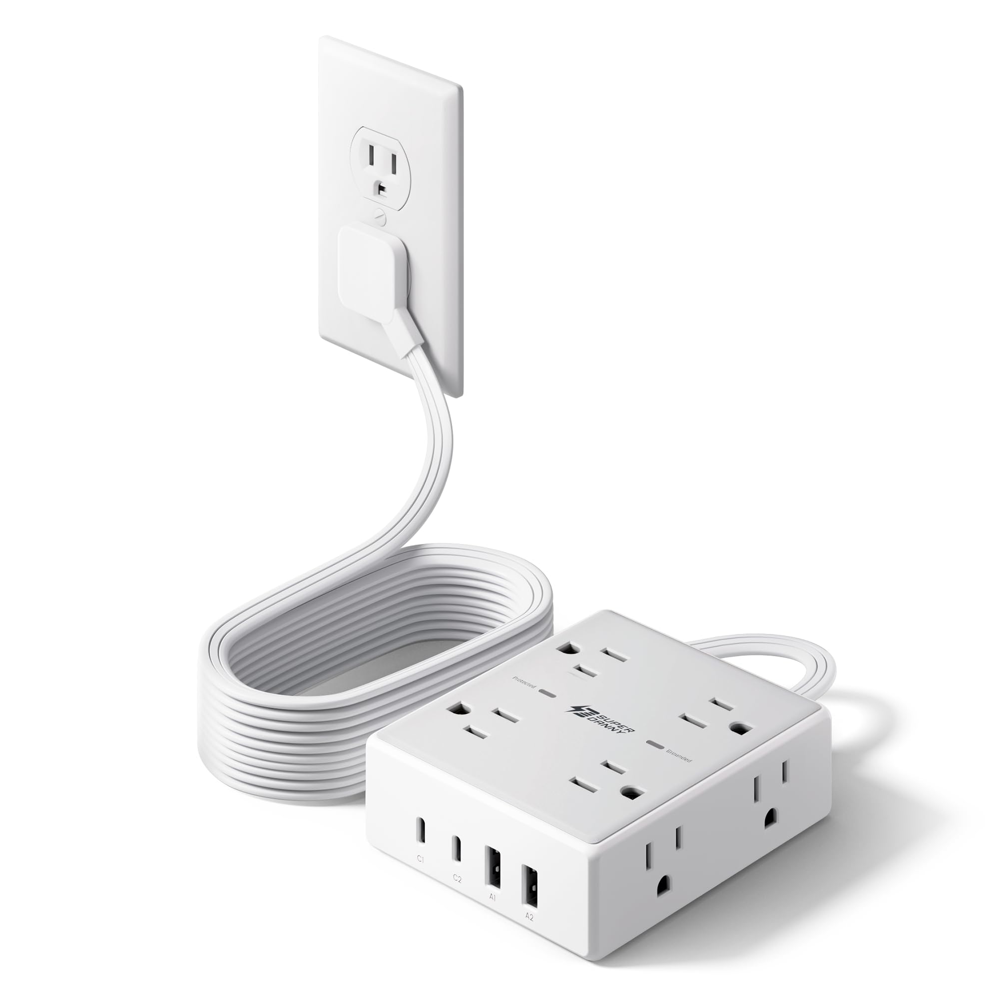 SUPERDANNY Extension Cord,Flat Plug Surge Protector Power Strip,10Ft | 8 AC & 4 