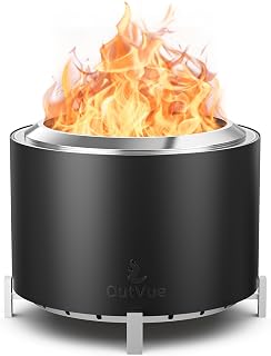 OutVue 27 Inch Stainless Steel Smokeless Fire Pit with Waterproof Cover | Black Outdoor Smokeless Firepit with Fire Poker, Wood Burning Fire Pits for Bonfire, Camping, Low Smoke Firepit for Outside