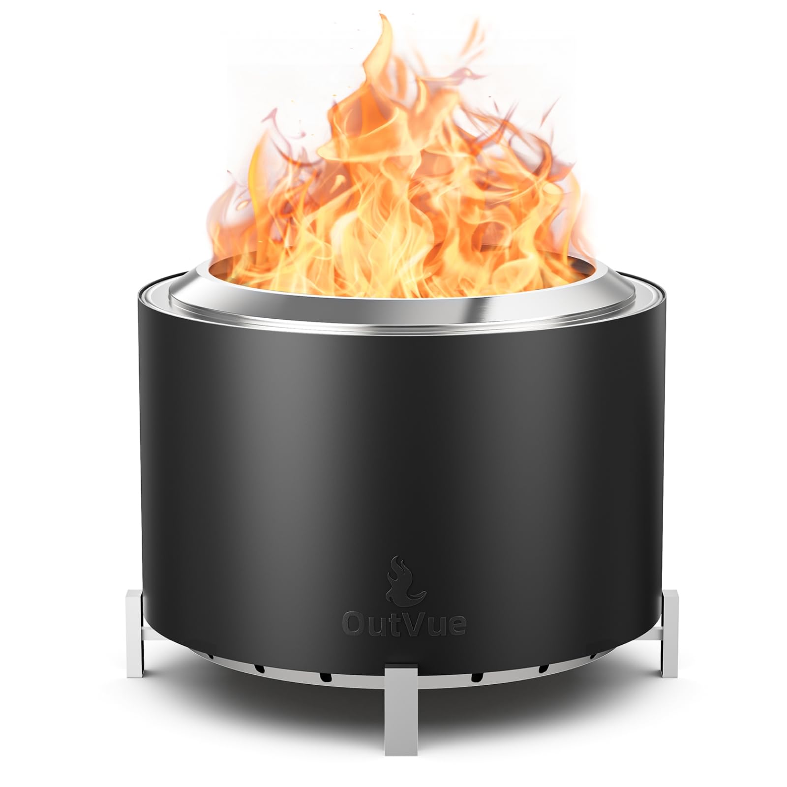 OutVue 27 Inch Stainless Steel Smokeless Fire Pit with Waterproof Cover | Black 