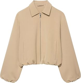 Xunger Chaqueta bomber corta para mujer, mangas abullonadas, cremallera, ropa de calle informal de moda con bolsillos