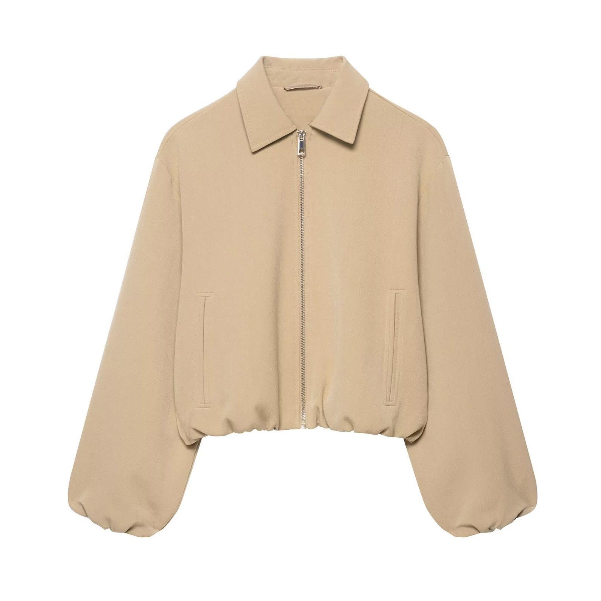 Xunger Chaqueta bomber corta para mujer, mangas abullonadas, cremallera, ropa de
