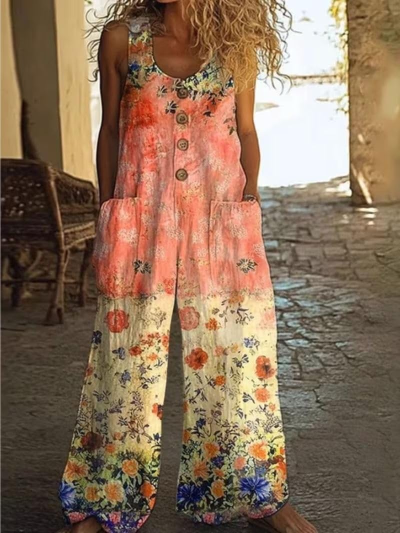 Women Floral Print Sleeveless Wide Leg Jumpsuit Casual Daily Holiday Beach Jumps