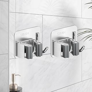 2Pcs Mop Broom Holder No Drill 304 Stainless Steel, Mop Holder Mop Broom Organizer Wall Mounted Heavy Duty with Hooks Hanger, Storage Rack Self Adhesive for Bathroom and Kitchen(Silver)