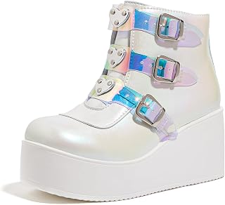 LUCKY STEP レディース プラットフォーム チャンキー アンクルブーツ - ラウンドトゥ ジッパー ウェッジ ハイヒール レイブ バックル 厚底 ゴスブーツ