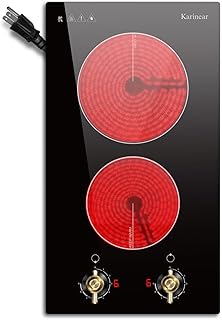 Karinear 110V Electric Cooktop 2 Burners Electric Stove 12" Knob Control | Works with Most Cookware, Come with 110v Plug, Countertop or Built-in Use, 9 Heating Level, Hot Warning, Easy to Use