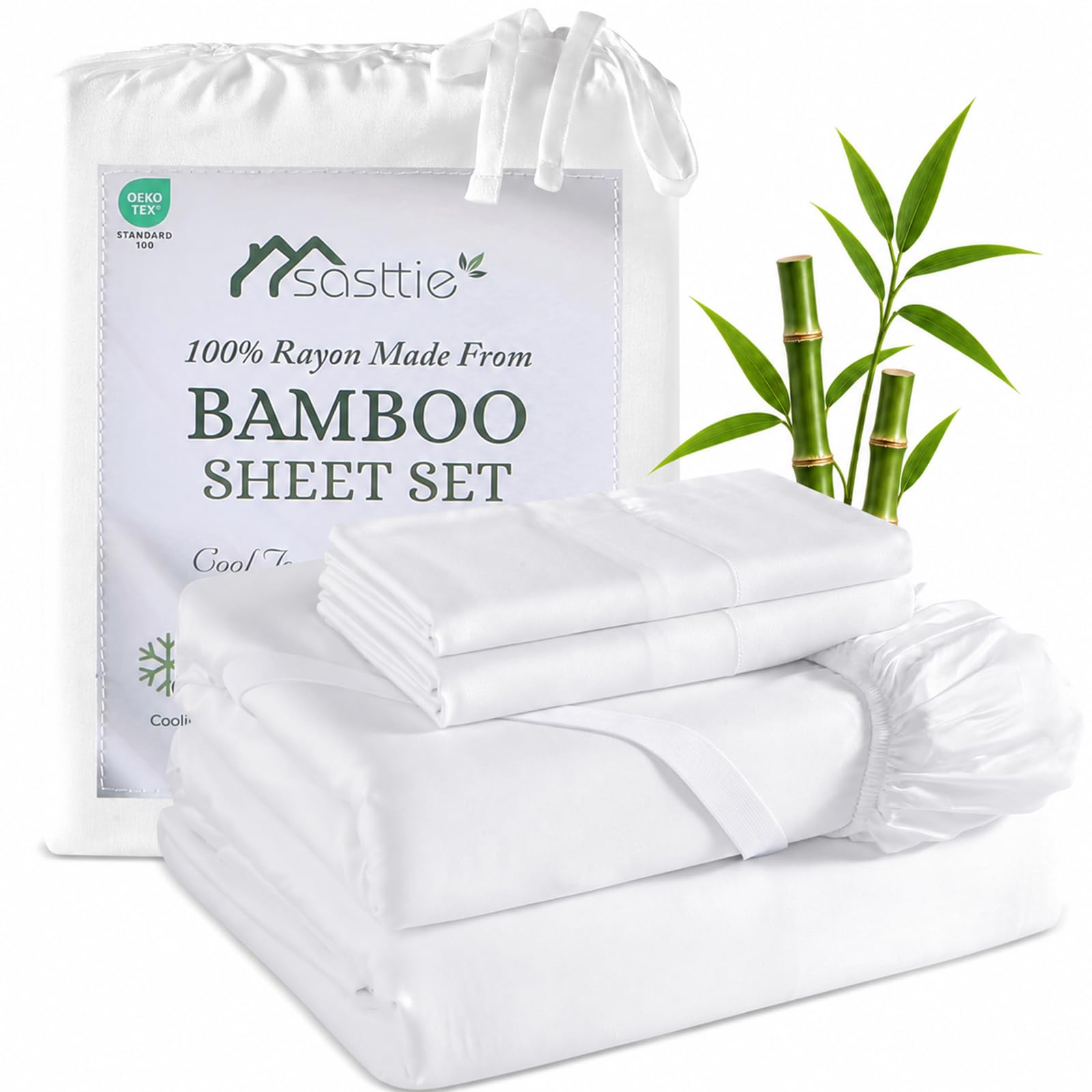 Sasttie White Silky-Soft Bamboo Sheets King 4-Piece, 100% Rayon Made from Bamboo