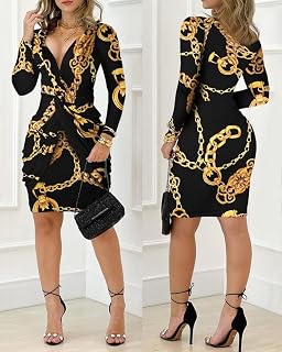 Women's V Neck Baroque Print Long Sleeve Elegant Party Club Midi Dress