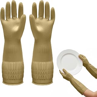 1 Pairs Household Rubber Cleaning Gloves, Long Cuff Dishwashing Gloves with Non-Slip Grip for Kitchen, Bathroom