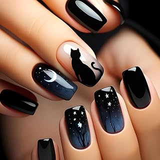 24pcs French Short Square False Nails Bling Starry Sky Cute Cat Design Nail Press Black Acrylic Full Cover Fake Nails, Reusable Natural Sticks for Women Manicure Decoration