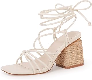 PiePieBuy Women's Lace Up Chunky Braided Heel Sandals Square Toe Strappy Ankle Strap Heels