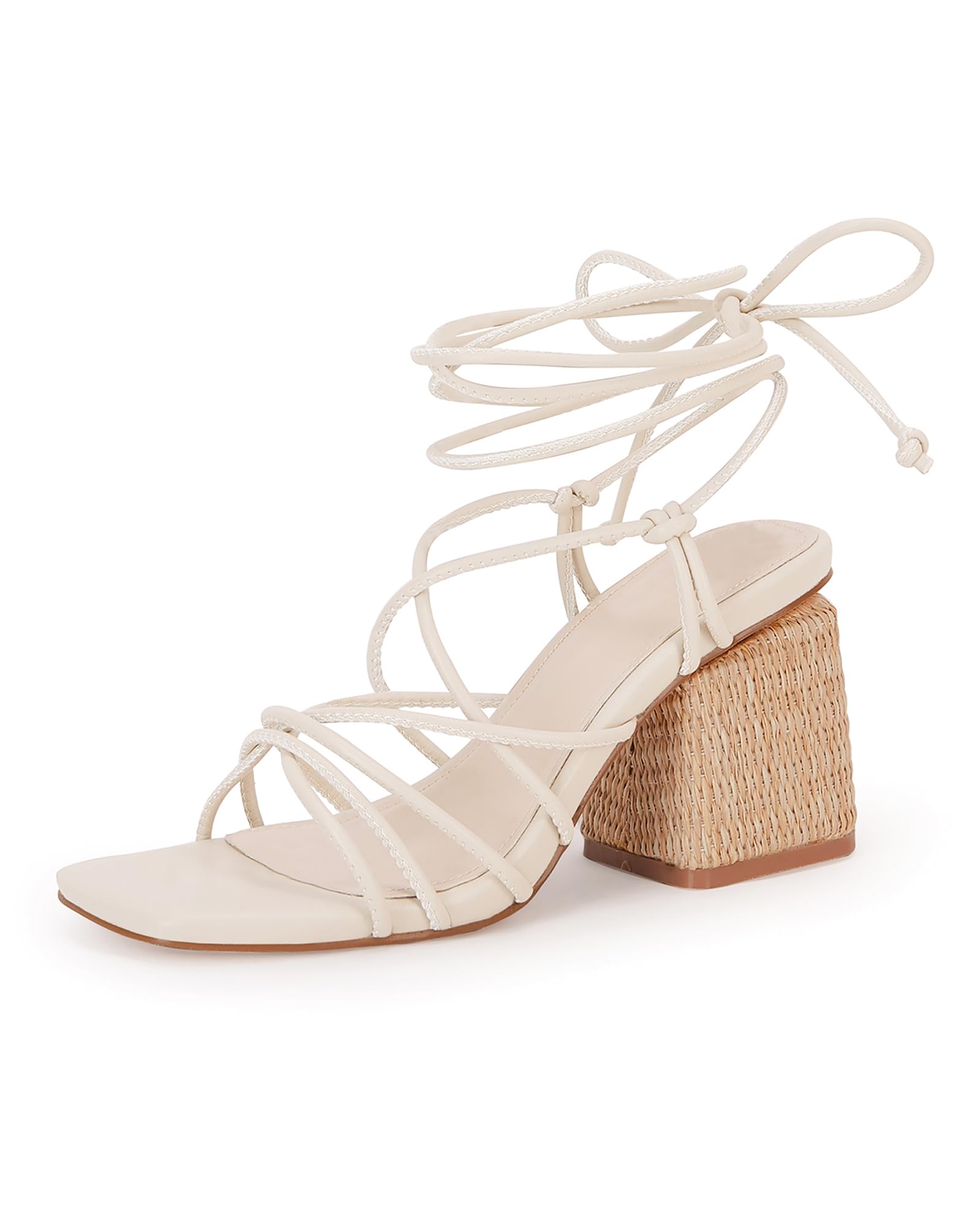 PiePieBuy Women's Lace Up Chunky Braided Heel Sandals Square Toe Strappy Ankle S