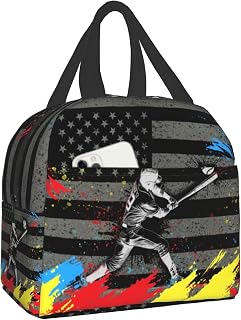Baseball Player Lunch Bag for Sports Boys American Flag Reusable Insulated Lunch Tote Lunch Box Black Cooler Thermal Lunch Tote Bag for School Work Picnic