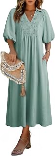 Dokotoo Summer Dresses for Women 2026 Casual Dresses V Neck Puff Sleeve Empire Waist A-Line Maxi Dress