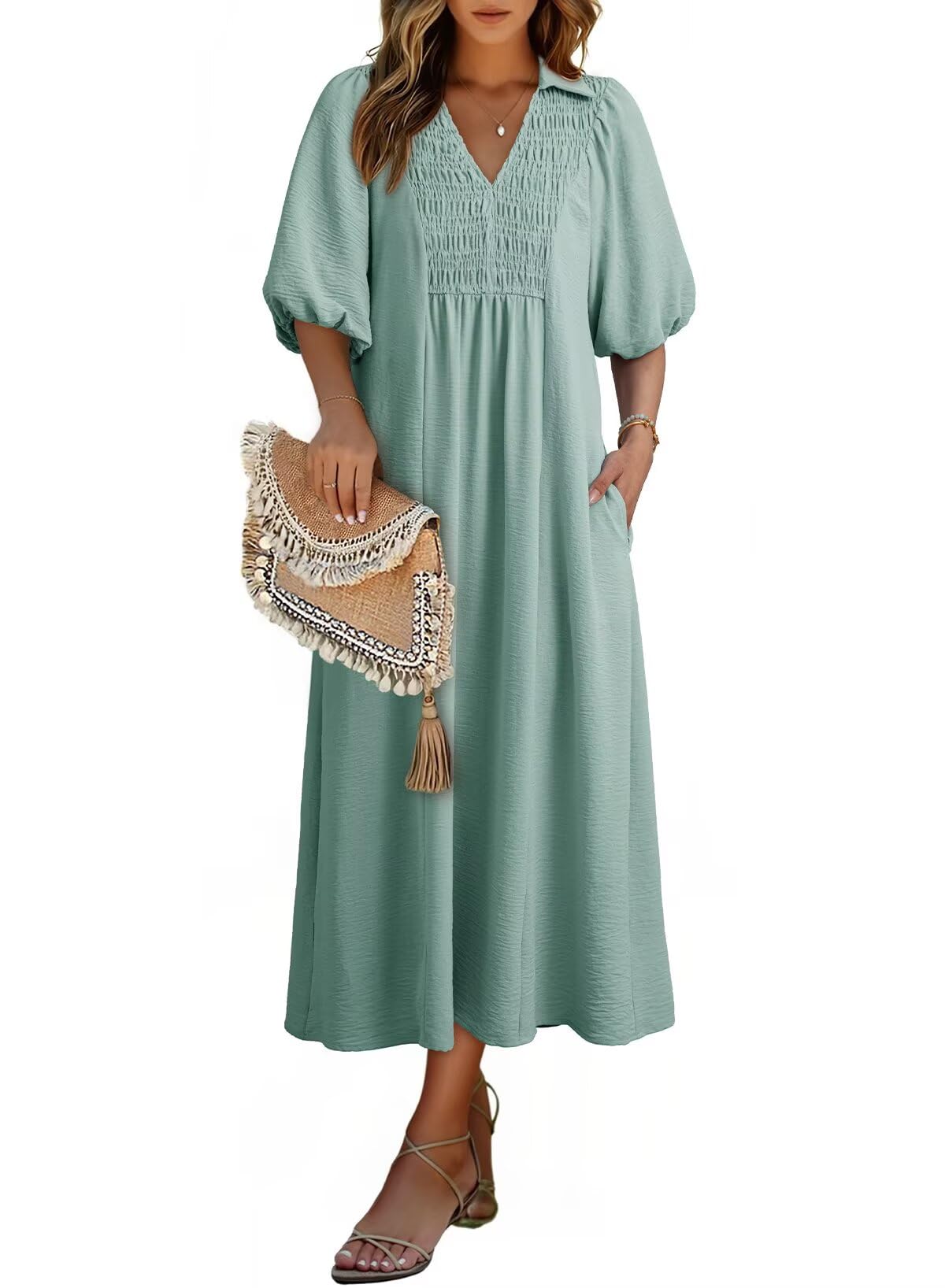 Dokotoo Summer Dresses for Women 2026 Casual Dresses V Neck Puff Sleeve Empire W