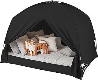 Twin Bed Tent for Kids and Adults, Indoor Kid Play Tents with String Lights | Easy Set Up, 3 Door Design, 100% Breathable Fabric, 93% Blackout, Sturdy Large Space Sleeping Tent (Twin Size: 77x42x53 inch)