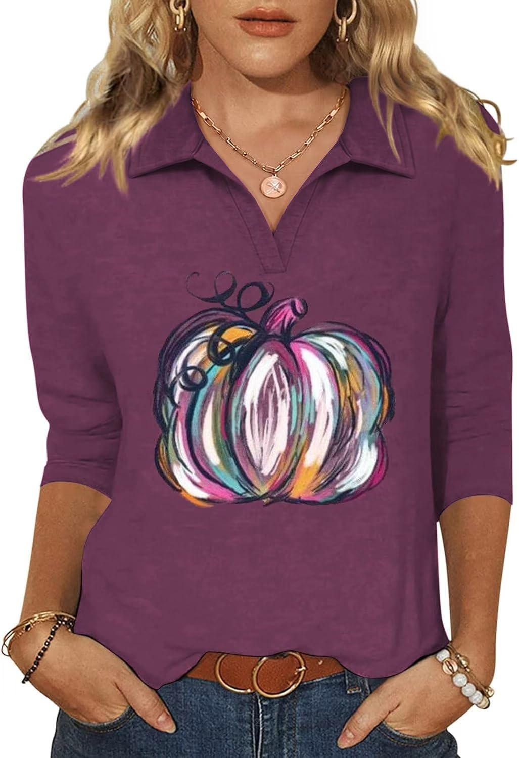Beopjesk Women 3/4 Sleeve Fall Halloween Henley Tops Blouses Shirt