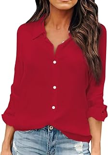 OMSJ Women Button Down Shirts Long Sleeve Chiffon Office V Neck Casual Business Blouses Tops