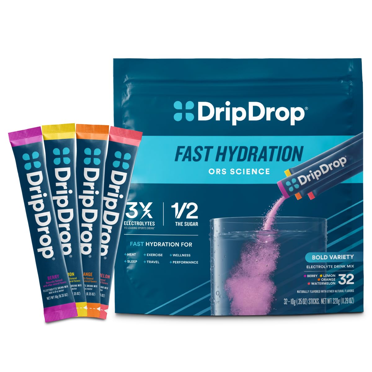 DripDrop Hydration Electrolyte Powder Packets, Bold Variety Pack, 32 Count | Sin