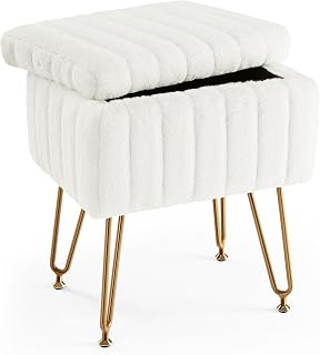 Sweetcrispy Vanity Stool Chair for Desk, Storage Faux Fur Ottoman, White | Fluffy Makeup Seat with Hidden Storage, Gold Metal Legs, Small Footrest for Bedroom, Entryway and Vanity Desk