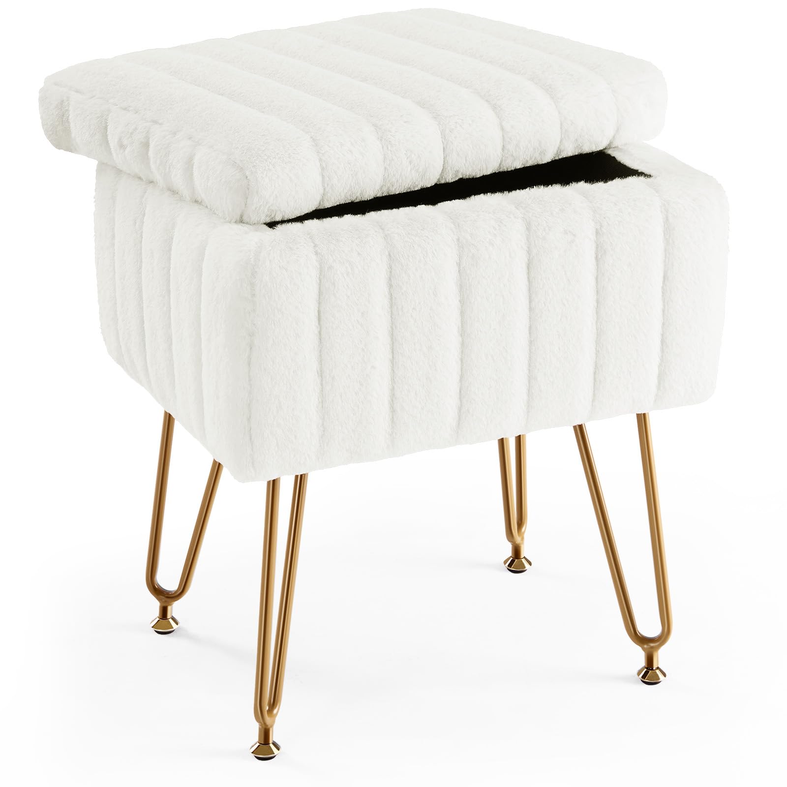 Sweetcrispy Vanity Stool Chair for Desk, Storage Faux Fur Ottoman, White | Fluff
