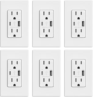 ELEGRP USB Outlets, 15 Amp Wall Outlet with USB Ports, 21W USB Outlets Receptacles with Type A & Type C Ports, Tamper Resistant Receptacle, Wall Plate Included, Ul Listed (6 Pack, Matte White)