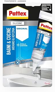 Pattex Bathrooms & Kitchens Original Transparent Silicone Sealant, 50 ml | For kitchen and bathroom, anti-mould, waterproof, multi-material, resistant to UV and detergents, tube format