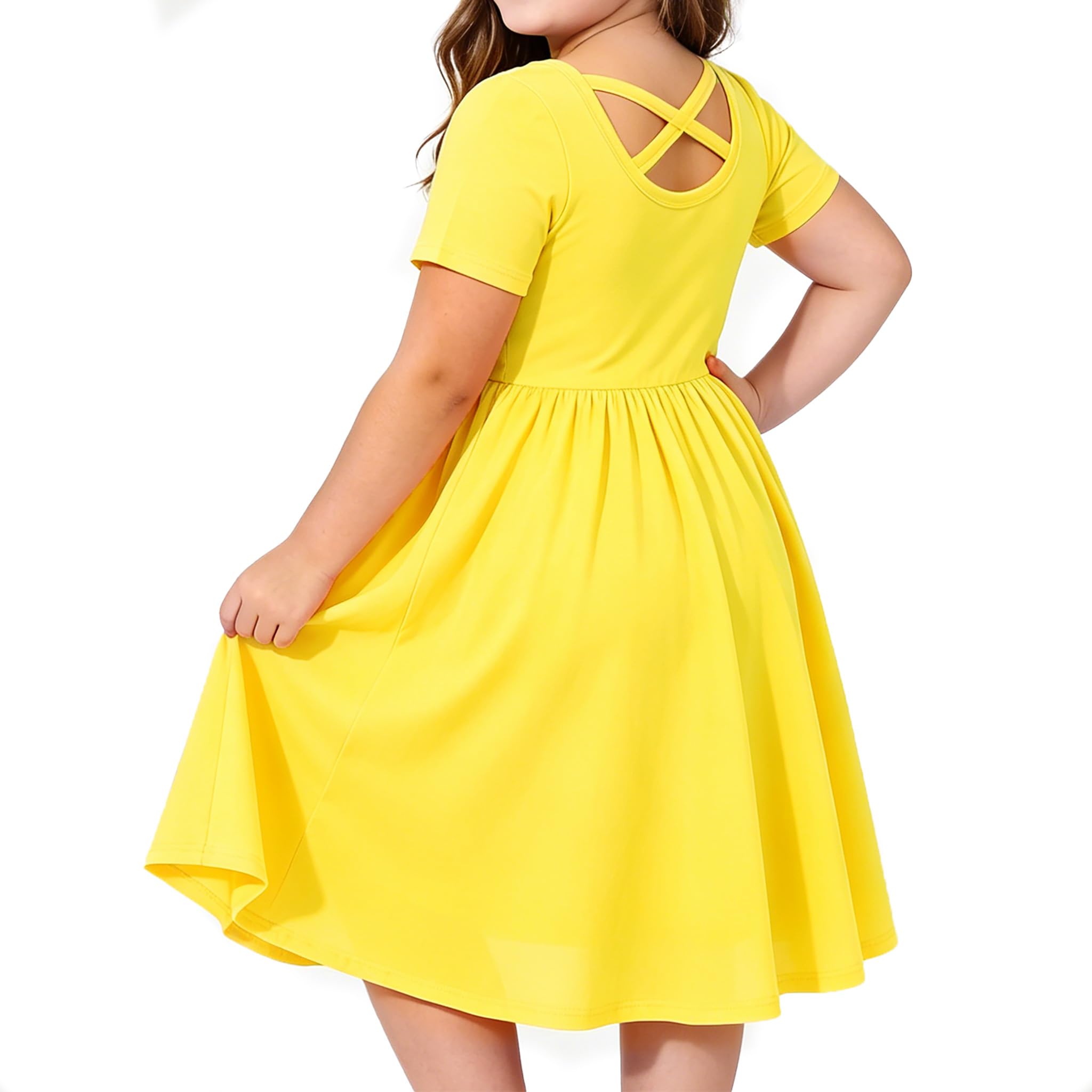 Girl Short Sleeve Dress Cotton A-Line School Dress with Pockets
