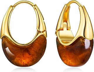 SNGIA Long Oval Chunky Dangle 18K gold plated Hoops with Colored Resin Gemstone Statement Earrings for Women by SNGIA, (Green, Brown, Blue, Pink, White, Cream), Bold Drop Handmade Exaggerated