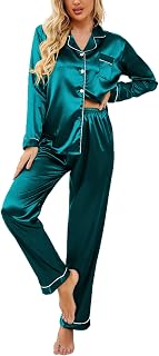 Ekouaer Conjunto de pijama clásico de seda de satén largo con botones para mujer, Azul Verde, XXL