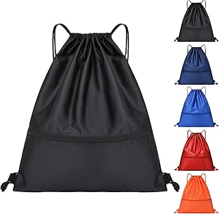 Drawstring Backpack Bag with Front Pocket Waterproof Oxford Cloth, Lightweight Gym Sack for Sports and Travel