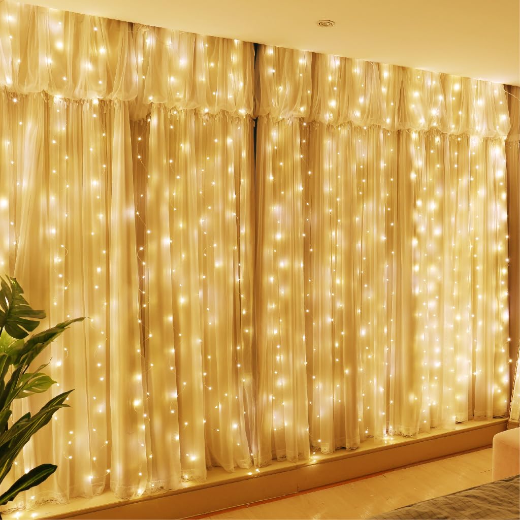 HXWEIYE 300LED Fairy Curtain Lights, 9.8x9.8Ft USB, Remote, 8 Modes & Timer | Di