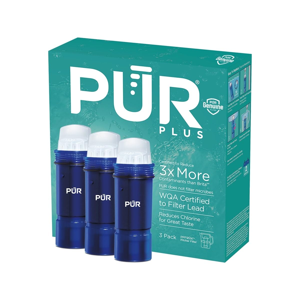 PUR PLUS Water Pitcher Replacement Filter with Lead Reduction (3 Pack), Blue – C
