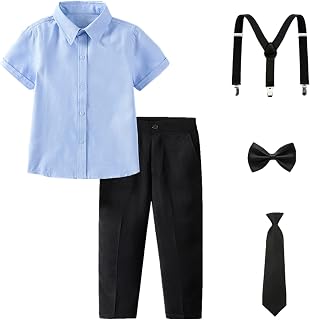 amropi Children's Christening Suit Short Sleeve Shirt and Bow Tie and Pants and Suspenders for 3-12 Years