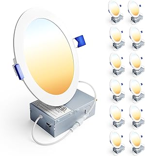 Ensenior 12 Pack 6 Inch LED Recessed Ceiling Light, 5CCT, 1200LM 12W 120V | 2700K-5000K Selectable, 5%-100% Dimming, Ultra-Thin Canless Wafer Downlight with Junction Box, Damp Rated, ETL&FCC&IC
