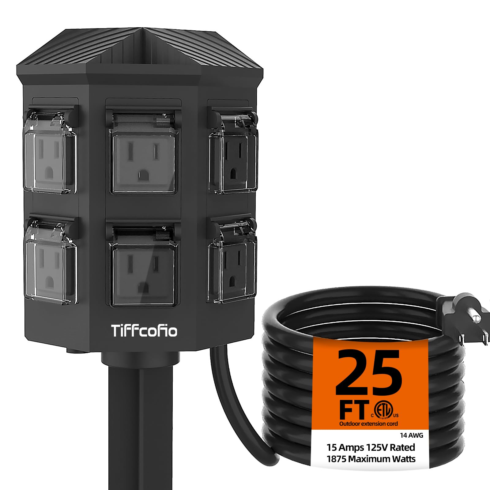 TiFFCOFiO Outdoor Power Strip Weatherproof, 25 FT Extension Cord with Stake, 6 G